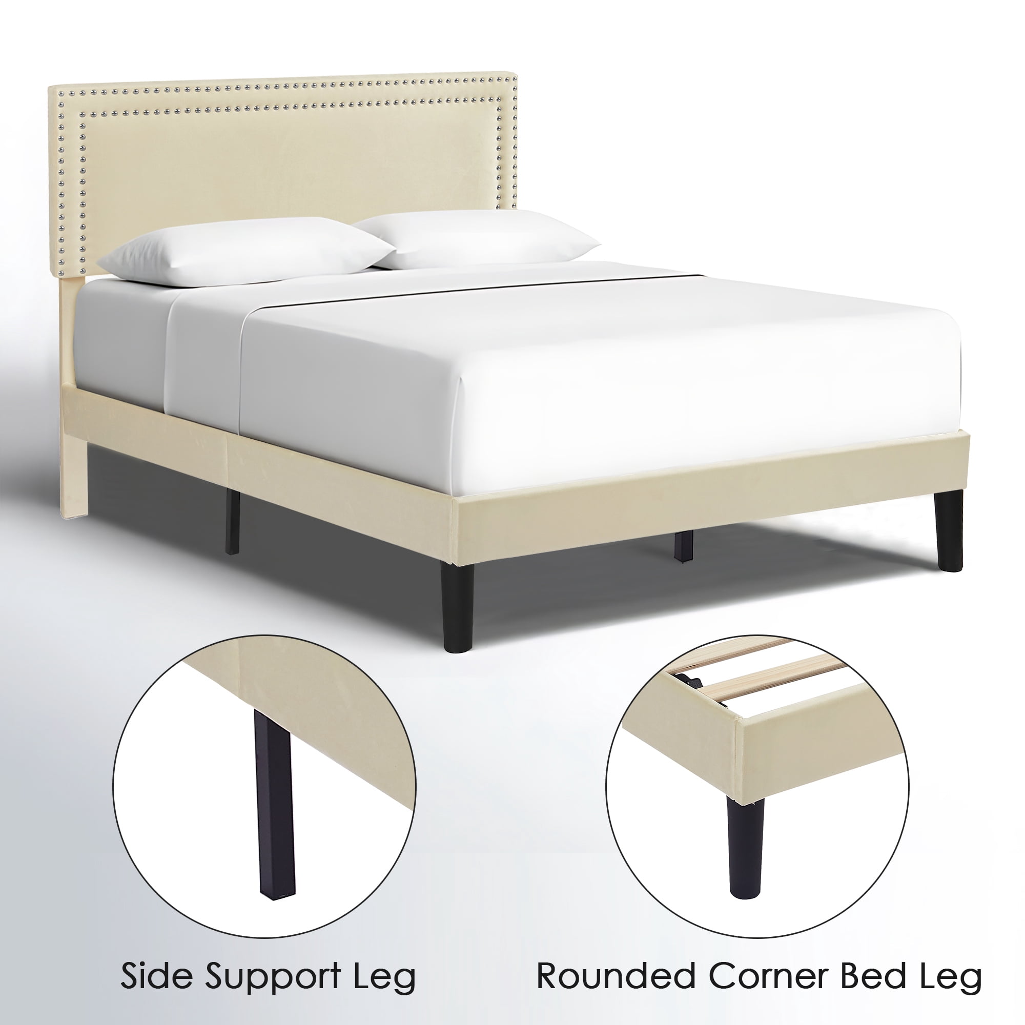 VECELO Queen Size Platform Bed Frame with Adjustable Height Upholstered Headboard, Strong Wood Slat Support, No Box Spring Needed, Beige