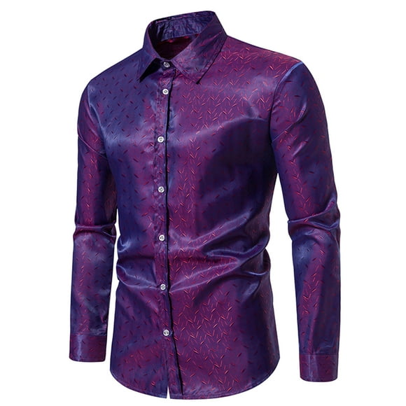 TIMIFIS Solid Mens Dress Shirt Long Sleeve Regular Fit Stretch Satin/Jacquard Shirt for Prom Wedding Formal-Purple - Fall Savings Clearance