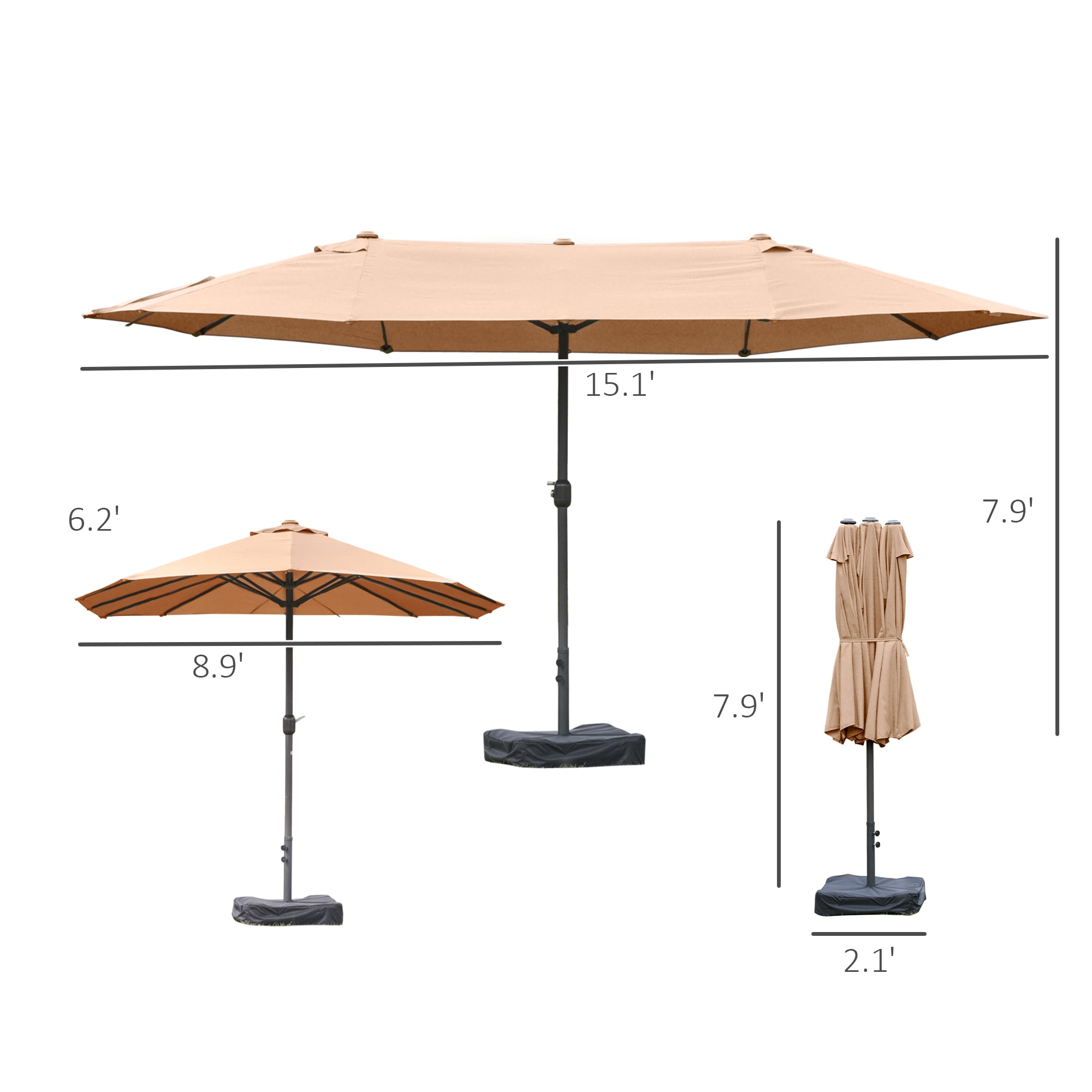 Outsunny Patio Umbrella 15' Steel Rectangular Outdoor Double Sided Market with base, Sun Protection & Easy Crank for Deck Pool Patio, Coffee
