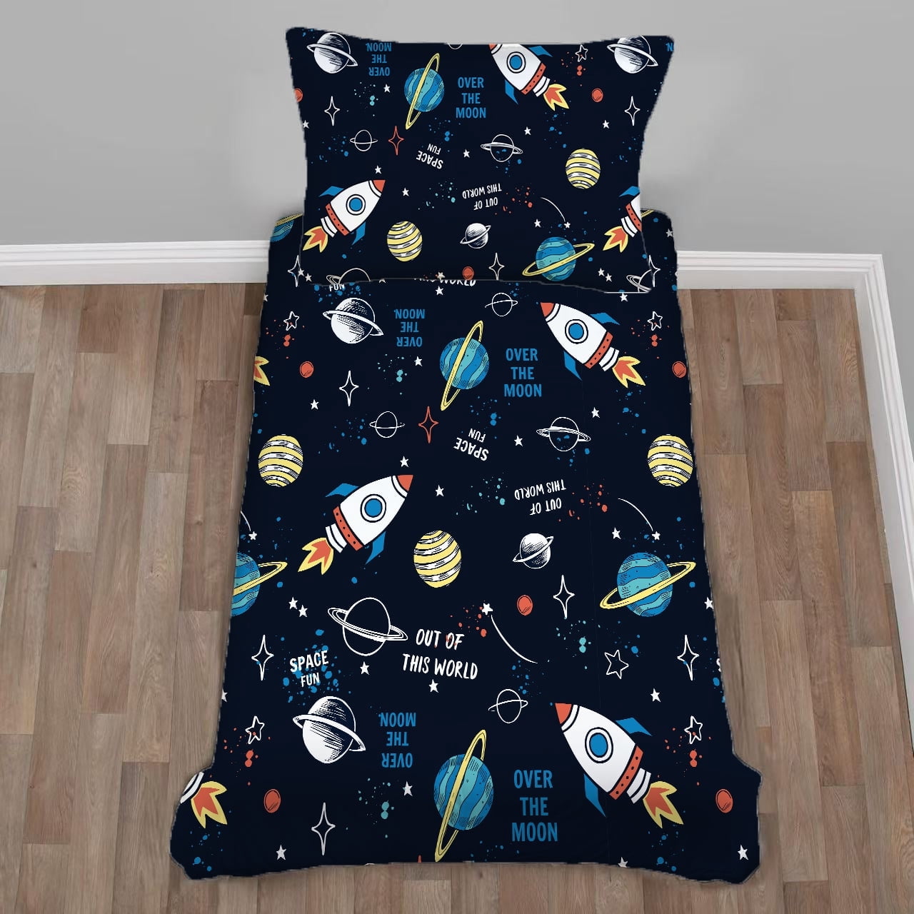 Toddler Bedding Sets for Babys Boys Girls Kids Navy Blue Space Rocket Toddler Crib Comforter Set Flat Sheet Fitted Sheet and Pillowcase 4 Pieces