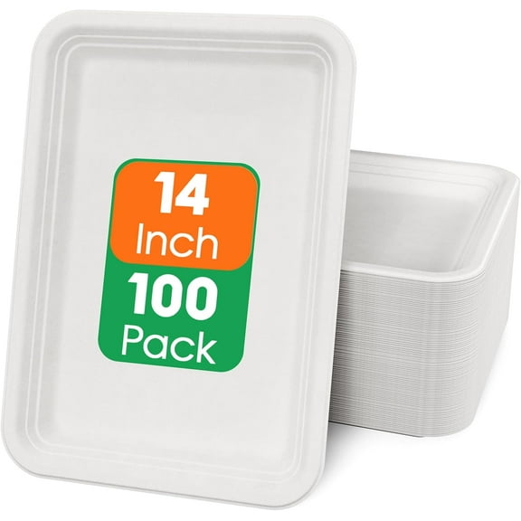 100 Pack 14 Inch Disposable Food Crawfish Trays, Compostable Large Paper Plates, Disposable Thanksgiving Trays for Serving Food, Turkey, BBQ, Seafood Boil Party Supplies(Nature)