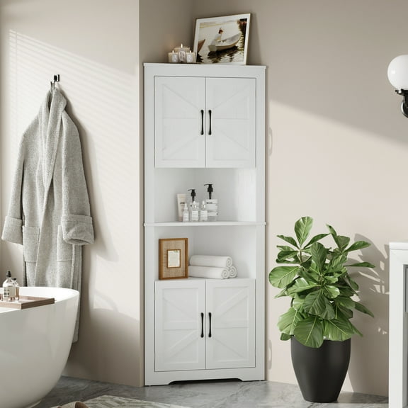 YouTrend Farmhouse Corner Cabinet with 2 Doors and Adjustable Shelves,Tall Storage Cabinet for Bathroom,Living Room,Kitchen,White