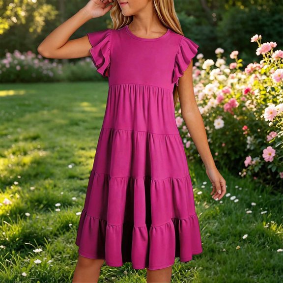 Girls' Round Neck Puff Sleeve Cake Dress for Kids - Everyday Party Outfit for Young Girls 4-8 Years