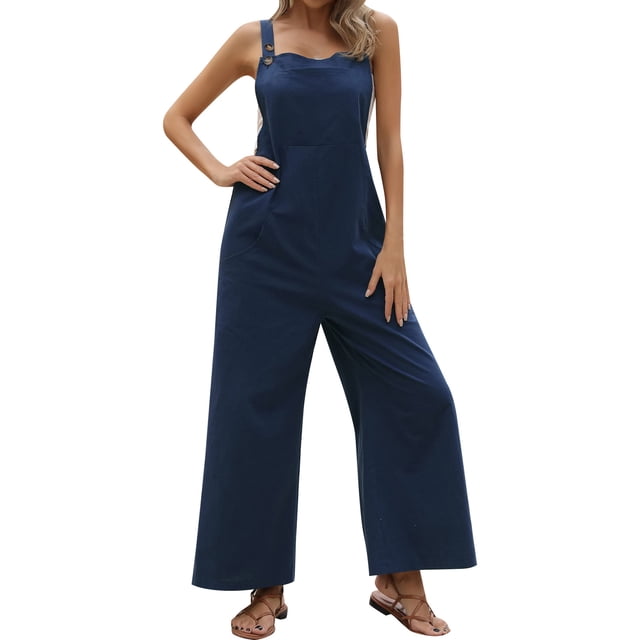 HBFAGFB Jumpsuits for Women Tie Shoulder Overall Long Pants Versatile Wide Leg Rompers Navy Size L