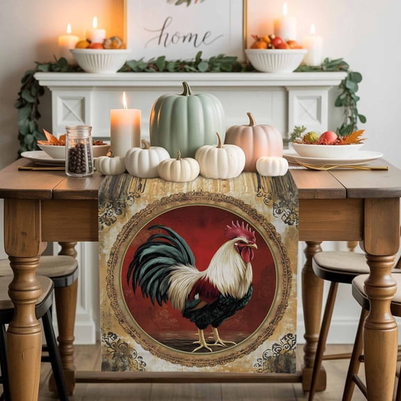 Rooster Cotton Linen Table Runner, Washable Table Runners for Kitchen, Dining Room, Holiday, Home Party Table Decor, 13x120 Inches