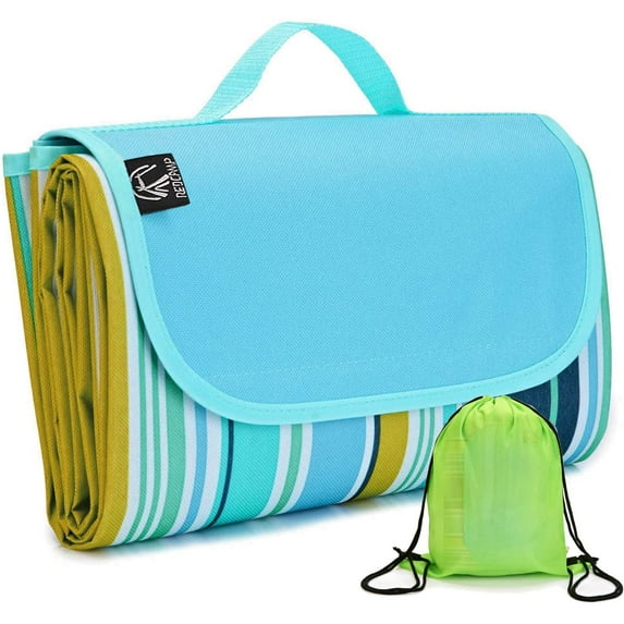 REDCAMP Extra Large Picnic Blanket Waterproof Sandproof, Durable Oxford Foldable Picnic Mat Outdoor Blanket for Lawn Park Beach Travel, Portable with Tote Bag, Blue Green Yellow
