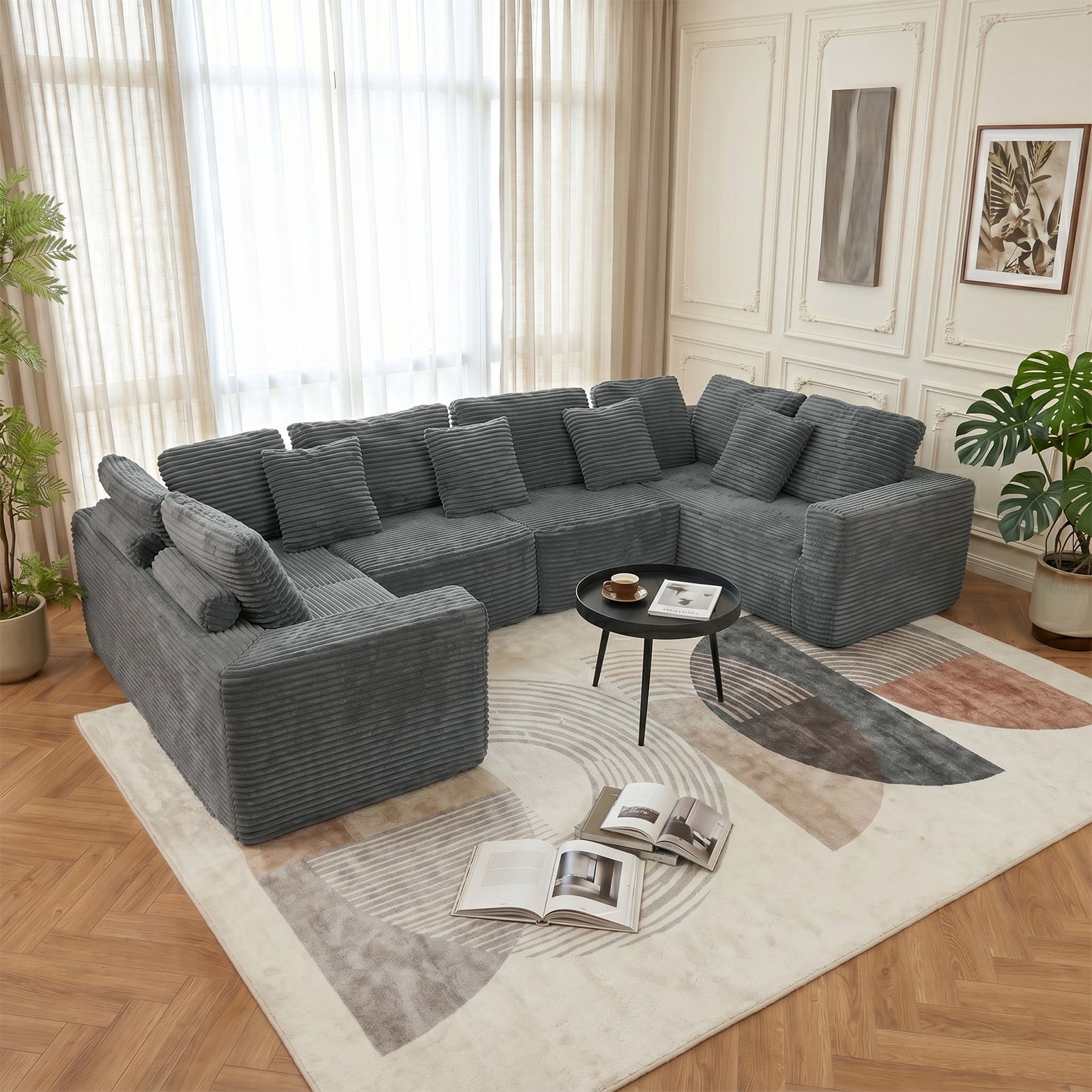 SOULART 135.5" U Shaped Sectional Couch,Gray Cloud Boneless Sofa For Living Room,Plush Corduroy Couches With Deep Seat Chaise Lounge,No Assembly Required