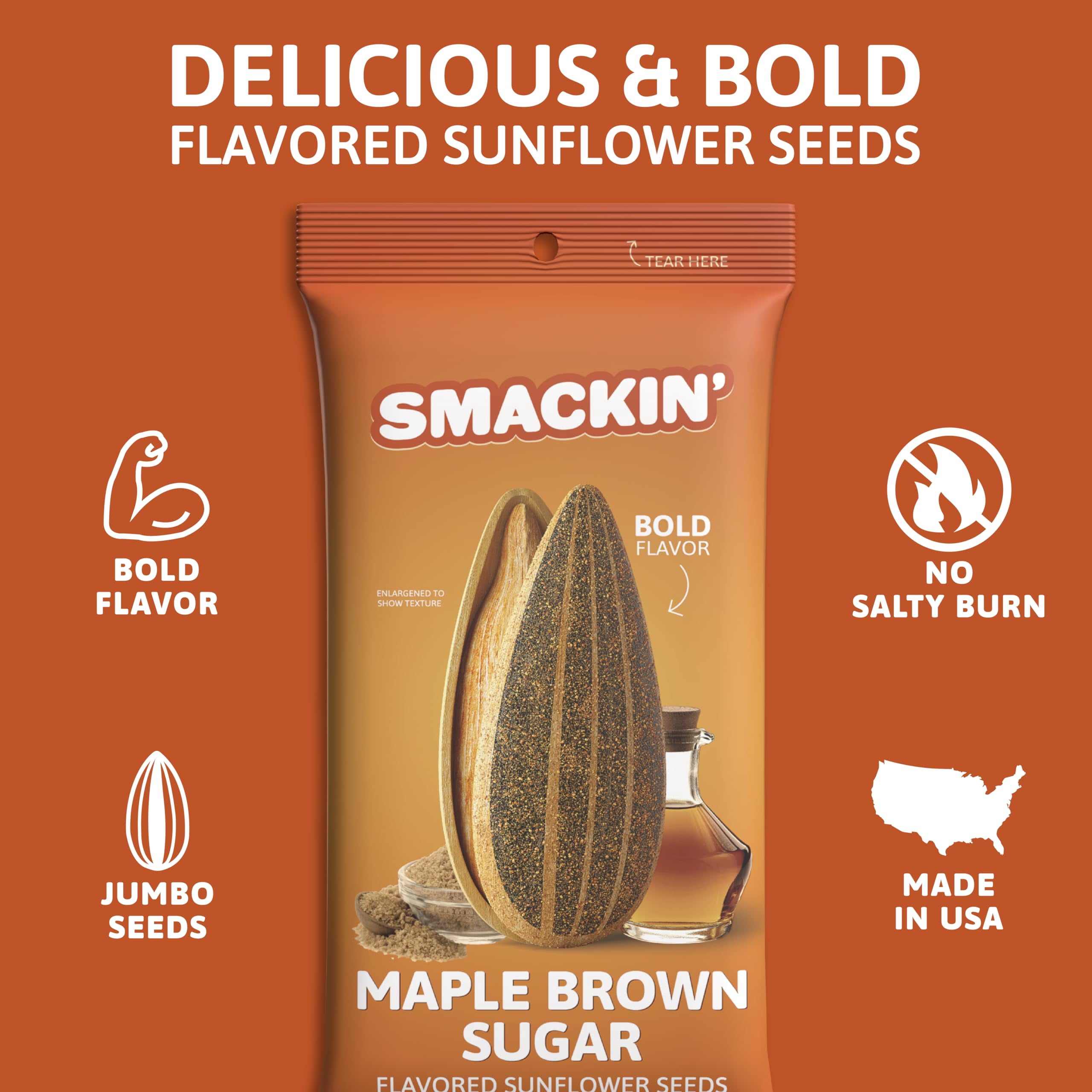 SMACKIN' Sunflower Seeds, Roasted Jumbo Small-Batch, American Made - Maple Brown Sugar. 1.5oz bags (36 Pack)