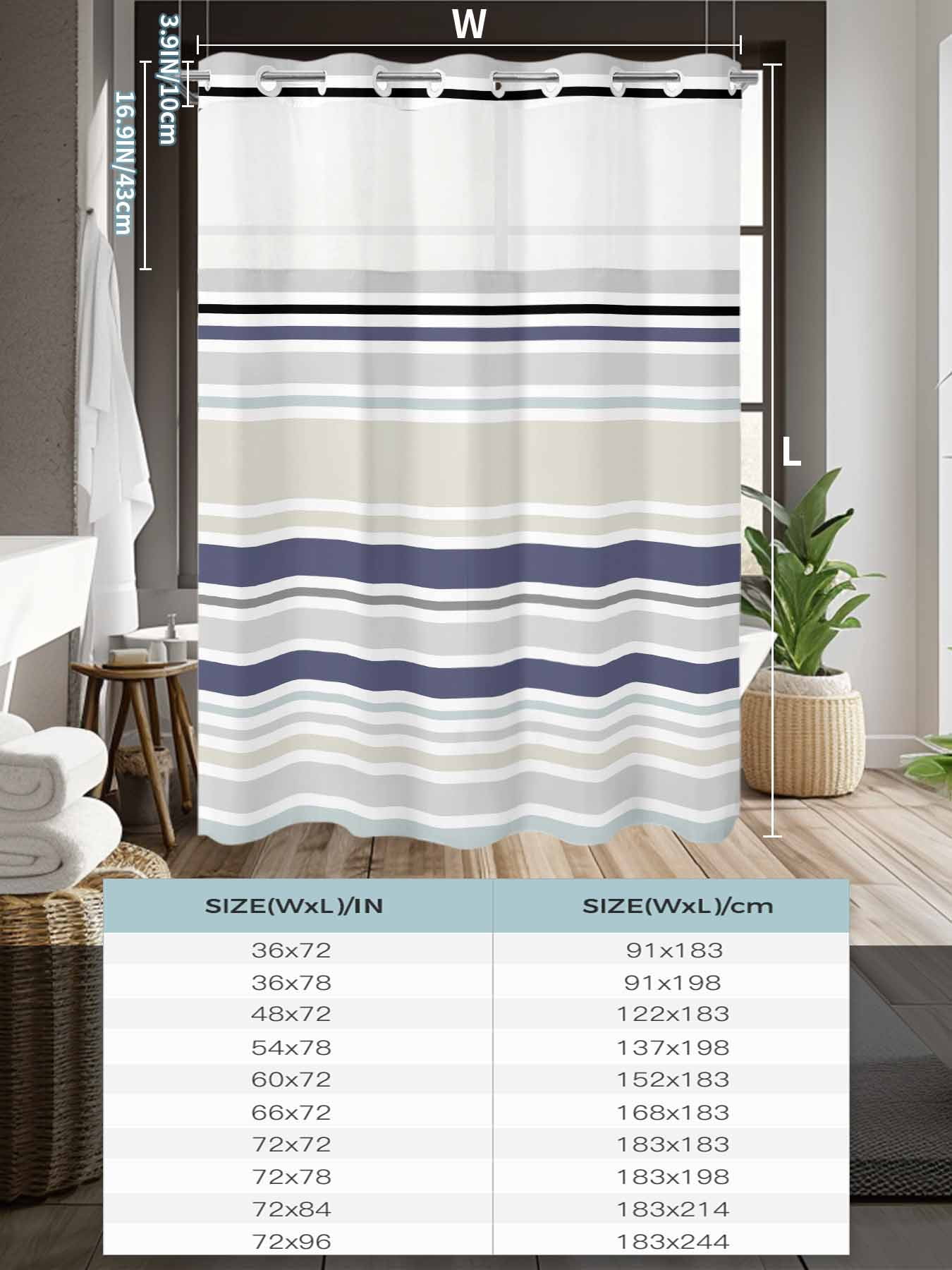 No Hook Shower Curtain with Snap in Liner,Classic Stripes Retro Waterproof Bath Curtain Double Layers with See Through Top Window,Blue Beige White Hotel Shower Curtains 72x72in