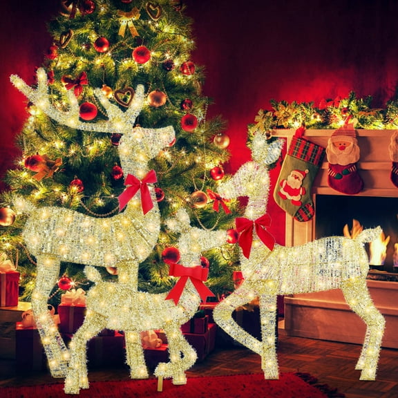 TeqHome 3.4ft 3-Piece 2D Lighted Christmas Deer Family Set 8 Light Modes Christmas Deer Decoration for Indoor Outdoor Yard Christmas Decorations