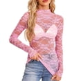thumbnail image 2 of Tshirt Women Summer Mesh Layering Shirt Slim Fit Lace Long Sleeve Blouse Womens Tops Trendy Pink XL, 2 of 9