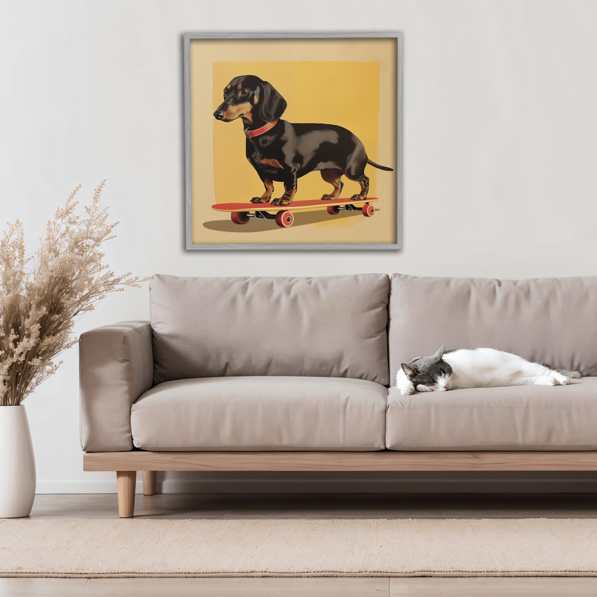 Stupell Industries Dachshund on Red Skateboard Gray Framed Giclee Art, design by Andreas Magnusson