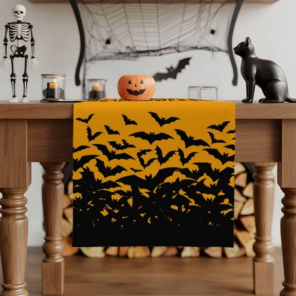 Table Runner Dresser Scarves 70 Inch Long,Happy Halloween Seamless Bat Linen Dining Table Runners Black Orange Pumpkin Tabletop Scarf for Wedding Holiday Party Kitchen