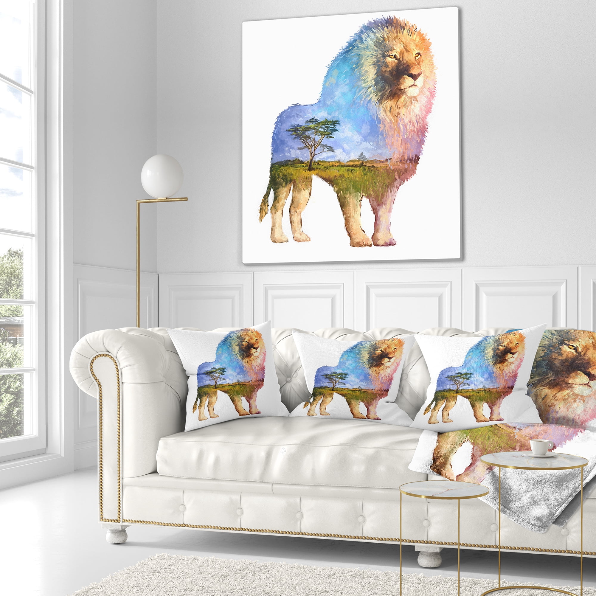 Designart Lion Double Exposure Illustration - Animal Throw Pillow - 16x16