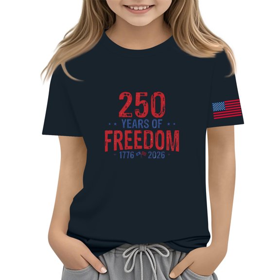 YOUYEDIAN Girls Independence Day T Shirt Kids 4th of July Festival Freedom Patriotic Short Sleeve Shirts Teen 1776 Celebration Crewneck Tops (Navy, 13-14 Years)