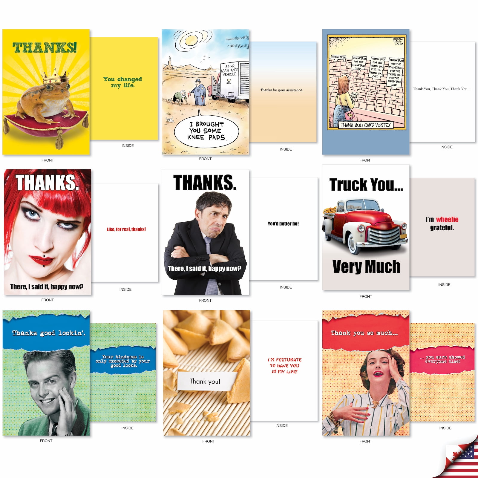 NobleWorks 36 Assorted Box Set Funny Thank You Greeting Cards w/5 x 7 Inch Envelopes (36 Designs, 1 Each) Thanks A Lot AC7738TYG-B1x36