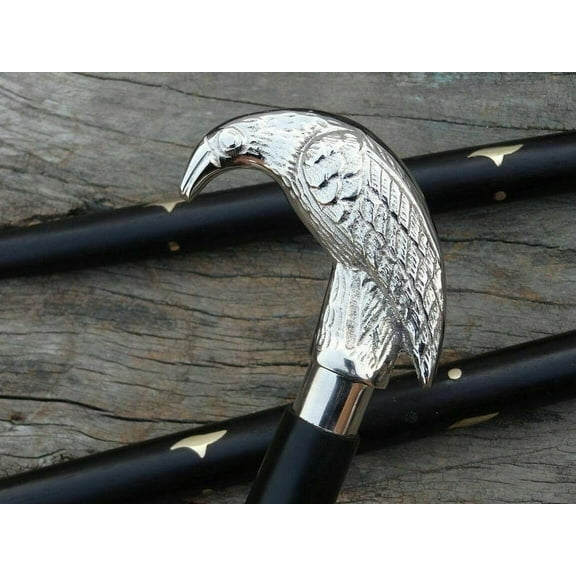 Rosewood Crafted Handmade Walking Stick Cane Parrot Head | Brass Decorative Bars Inlay | Solid Wood Shaft