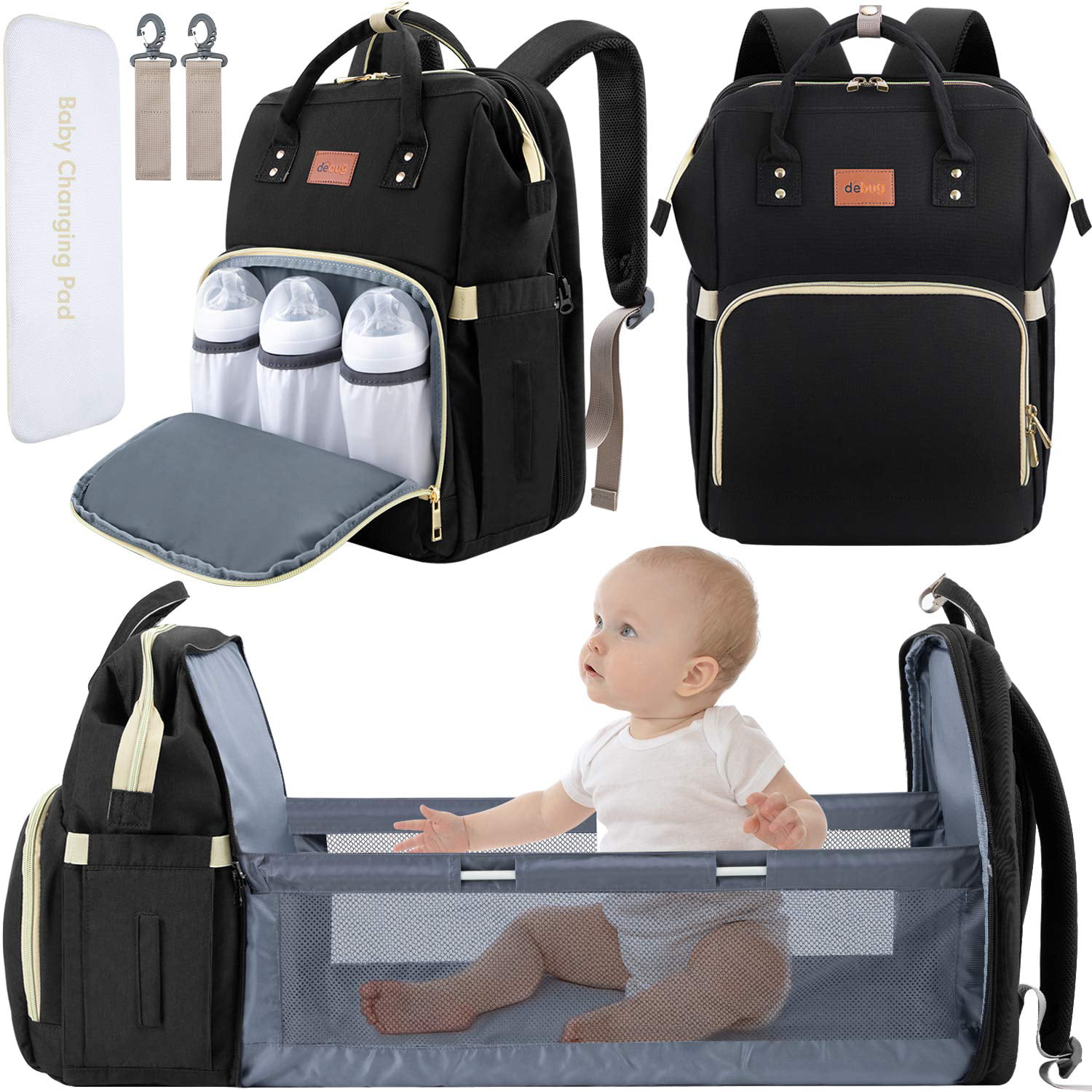 3 in 1 Large Diaper Bag Baby Shower Gifts Waterproof Diaper Bag Backpack with Changing Station Baby Girl Boy Diaper Bag with Bassinet Mat USB Port and Stroller Straps 