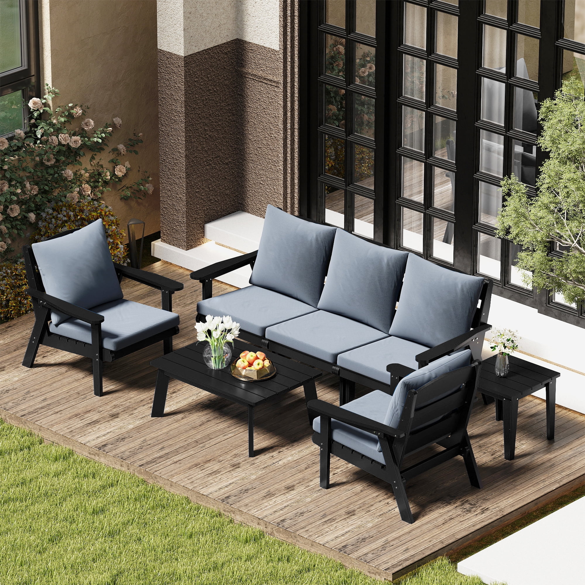 FOOWIN 7-Piece Patio Furniture Set, HDPE Outdoor Conversation Set with 5 Seating & Cushions, Perfect Patio Sofa Set for Garden, Porch, Backyard, Black Frame with Grey Cushion