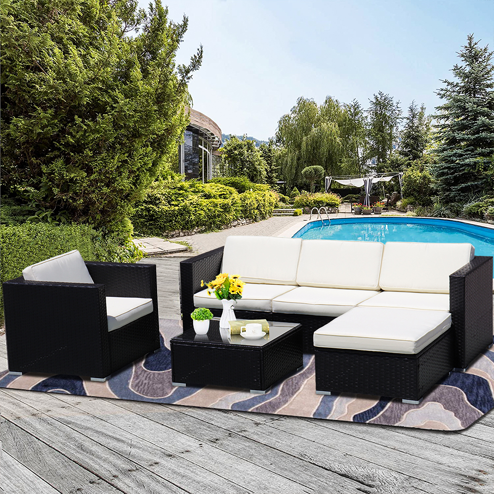 Patio Furniture Sets, 4-Piece Outdoor Sectional Sofa Set with Loveseat and Lounge Sofa, Armchair, Coffee Table, All-Weather Wicker Furniture Conversation Set for Backyard Garden, Q16381
