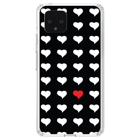 DistinctInk Clear Shockproof Hybrid Case for Google Pixel 4 (5.7" Screen) - TPU Bumper, Acrylic Back, Tempered Glass Screen Protector - Red White Black Repeating Hearts