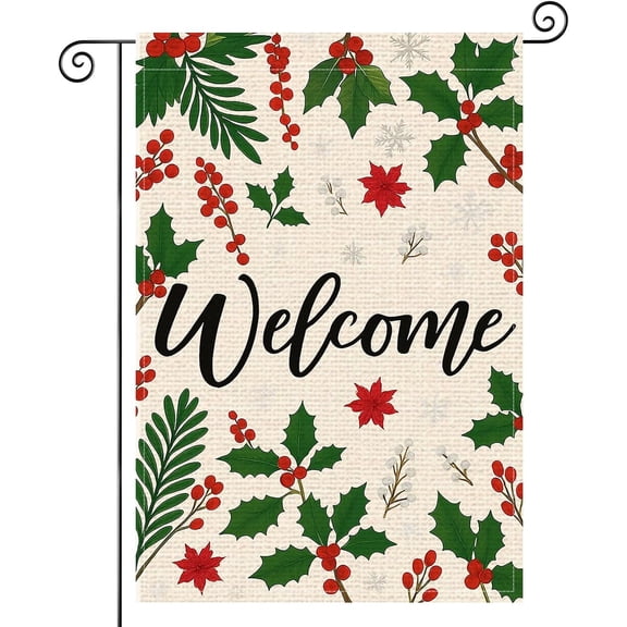 Welcome Christmas Garden Flag 12x18 Double Sided Burlap Snowflakes Red Berry Lawn Decor（71）