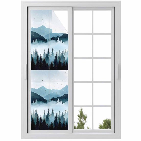 Forest Mountain Window Privacy Film, Vintage Peak Nature Sky Star Landscape Static Cling UV Sun Blocking Heat Control Window Tint, Non-Adhesive One Way Windows Privacy Cover 17.7''x78.7''