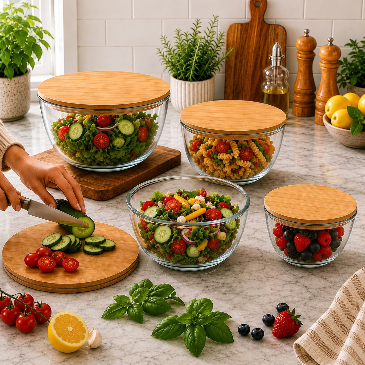 Sorbus 4-Piece Glass Mixing Bowl Set with Airtight Bamboo Lids, Assorted Sizes, Nesting Storage Bowls