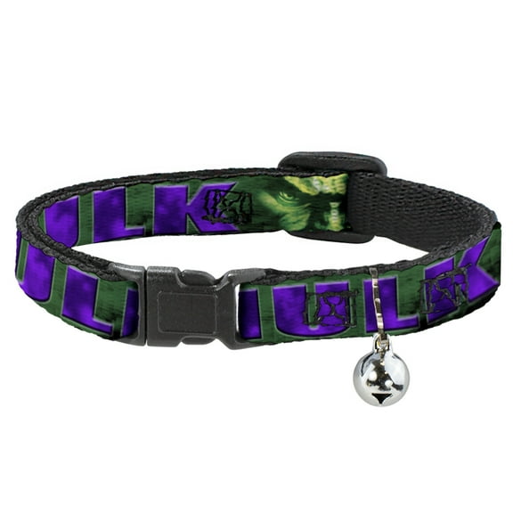 Marvel Comics Breakaway Cat Collar With Bell, Plastic Clip, Easy Adjustable, Hulk Face Close Up Action Pose Greens Purples, 8.5 to 12 Inches 0.5 Inch Wide
