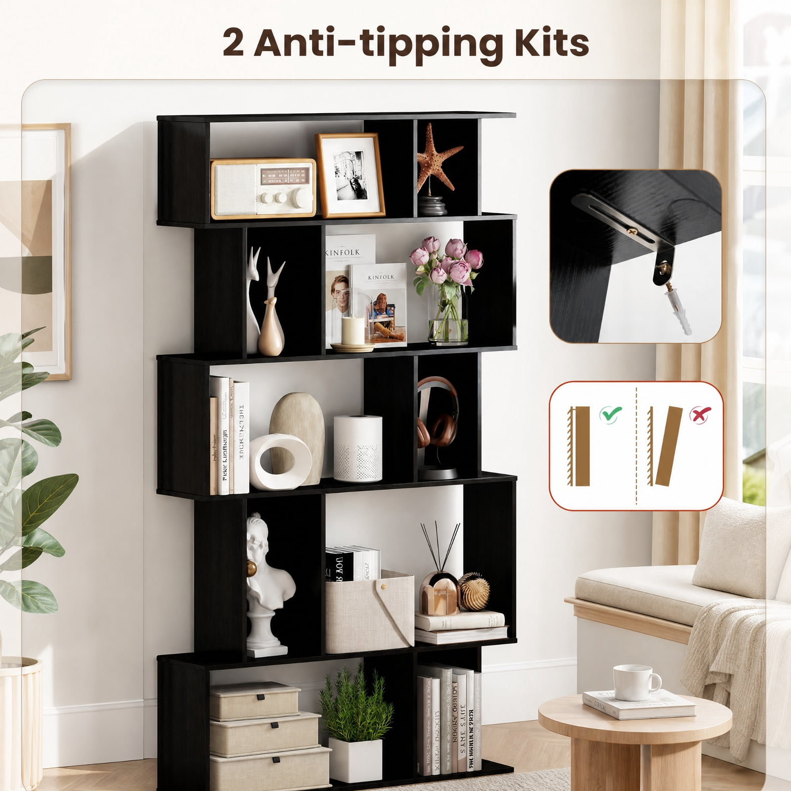 Furnibear Geometric Bookshelf 5-Tier Bookcase with Open Shelves and Closed-back Cubes for Living Room Home Office Bedroom Display Storage Shelf, Black