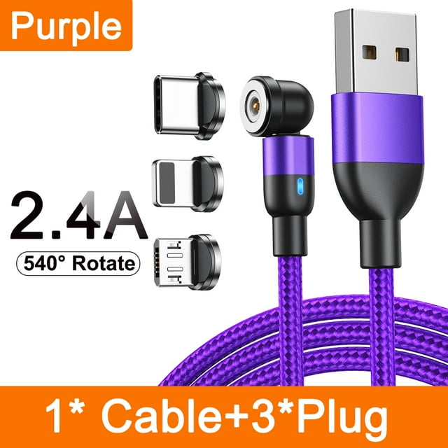 Magnetic Cable 3M 540 Rotate Magnet Charger Micro USB Type C Cable Mobile Phone Wire Cord For iPhone Samsung Xiaomi Redmi Purple with 3Tips 3m