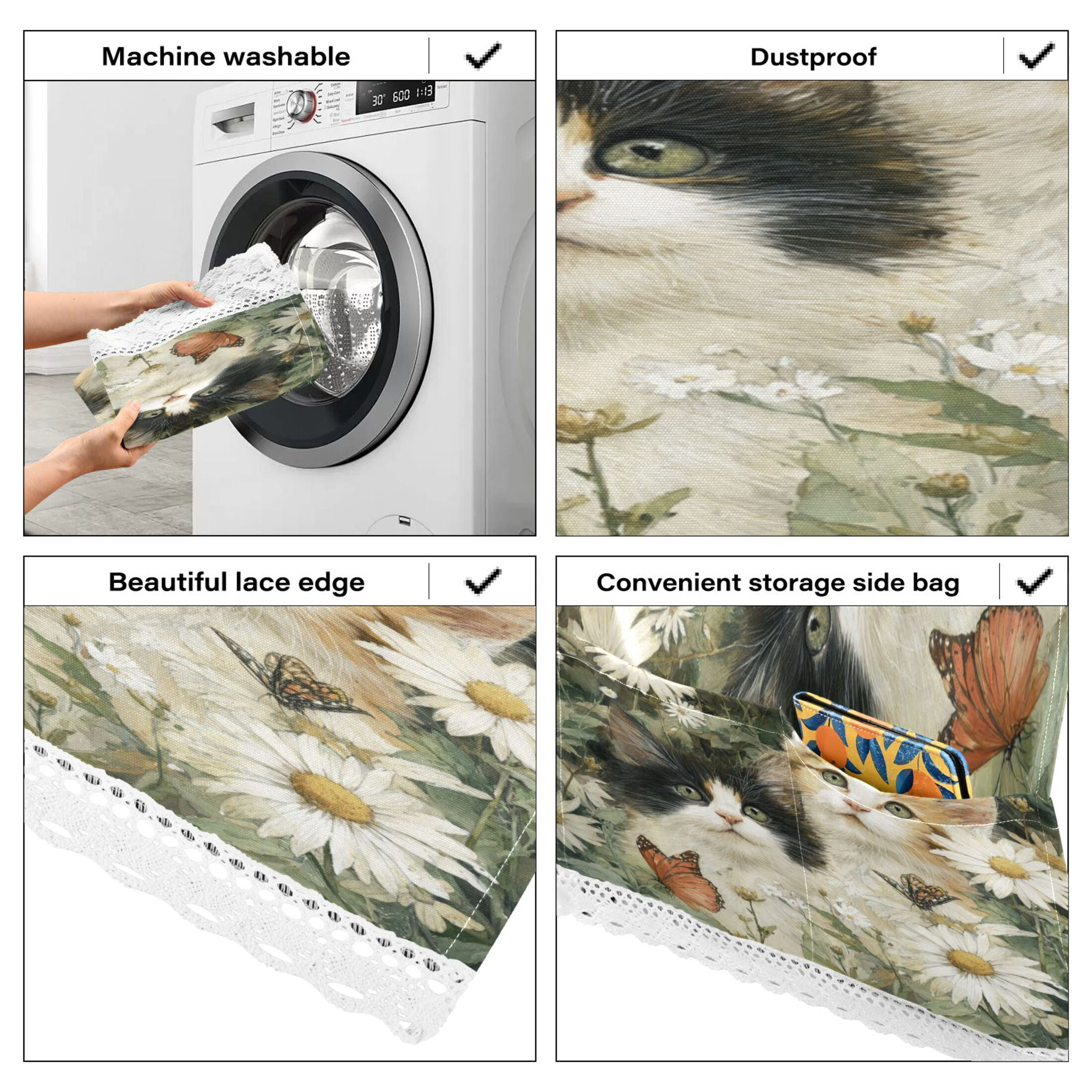 Dustproof Washing Machine Cloth Washer and Dryer Top Covers, Fridge Dust Cover, With Storage Bags Adorable Cats and Daisies