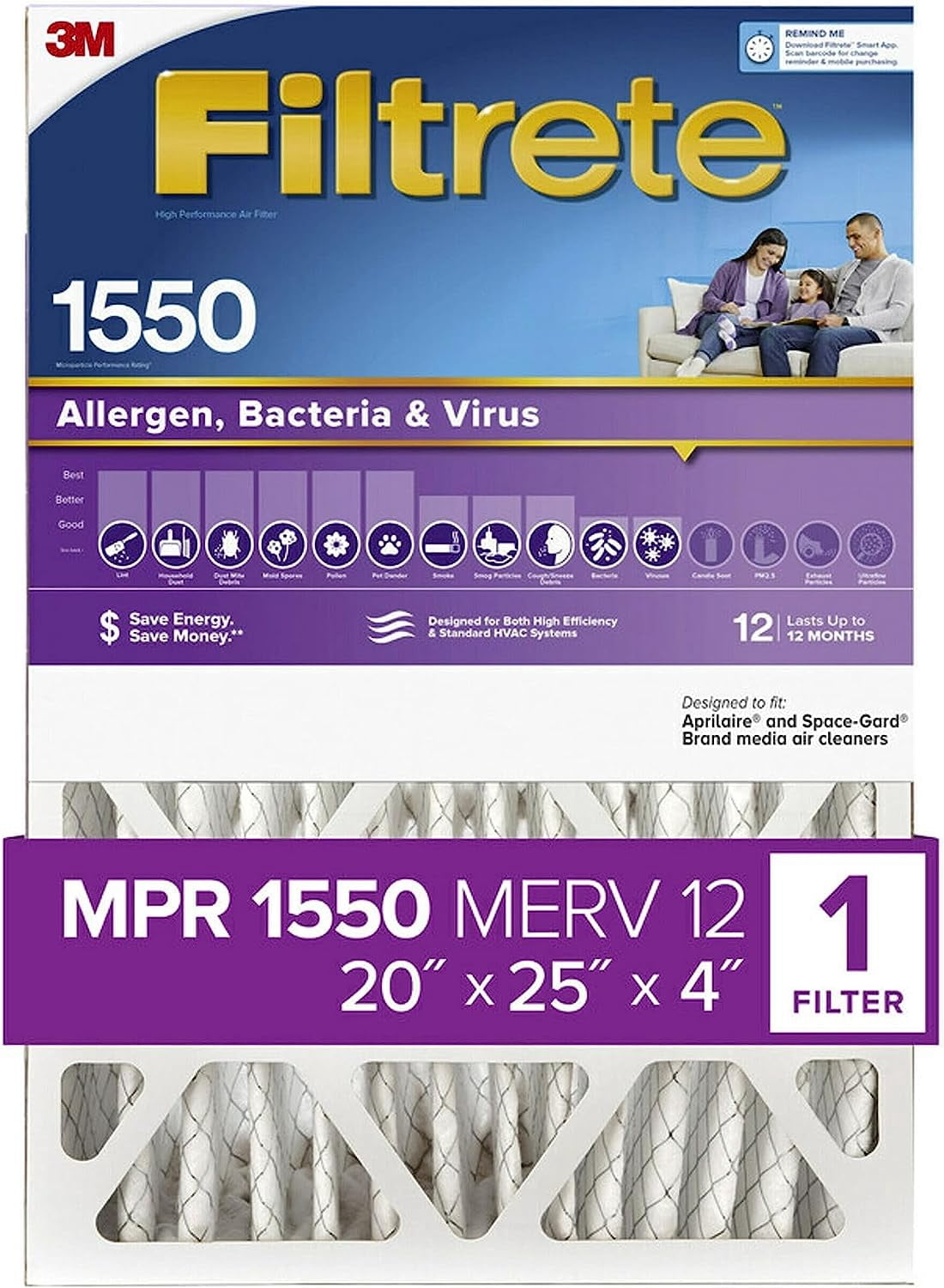 Filtrete 20x25x4, AC Furnace Air Filter, MPR 1550 DP, Healthy Living Ultra Allergen Deep Pleat, 4-Pack