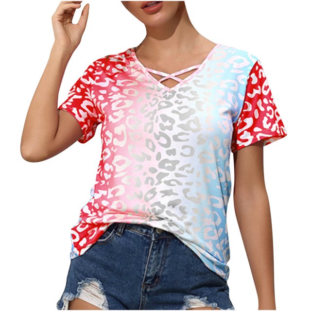 Hauts d'Été pour Femmes 2023 Mode Femmes Décontracté Dégradé Contraste Col en V Manches Courtes T-shirt Blouse
