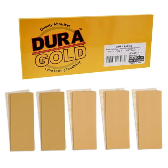 Dura-Gold Premium 1/2 Sheet Size Gold Sandpaper with Hook & Loop Backing, 3 Each 80, 120, 150, 220, 320 Grit Sanding Sheets, 15 Total - Wood Woodworking Auto, Finishing Sander Hand Sanding Block