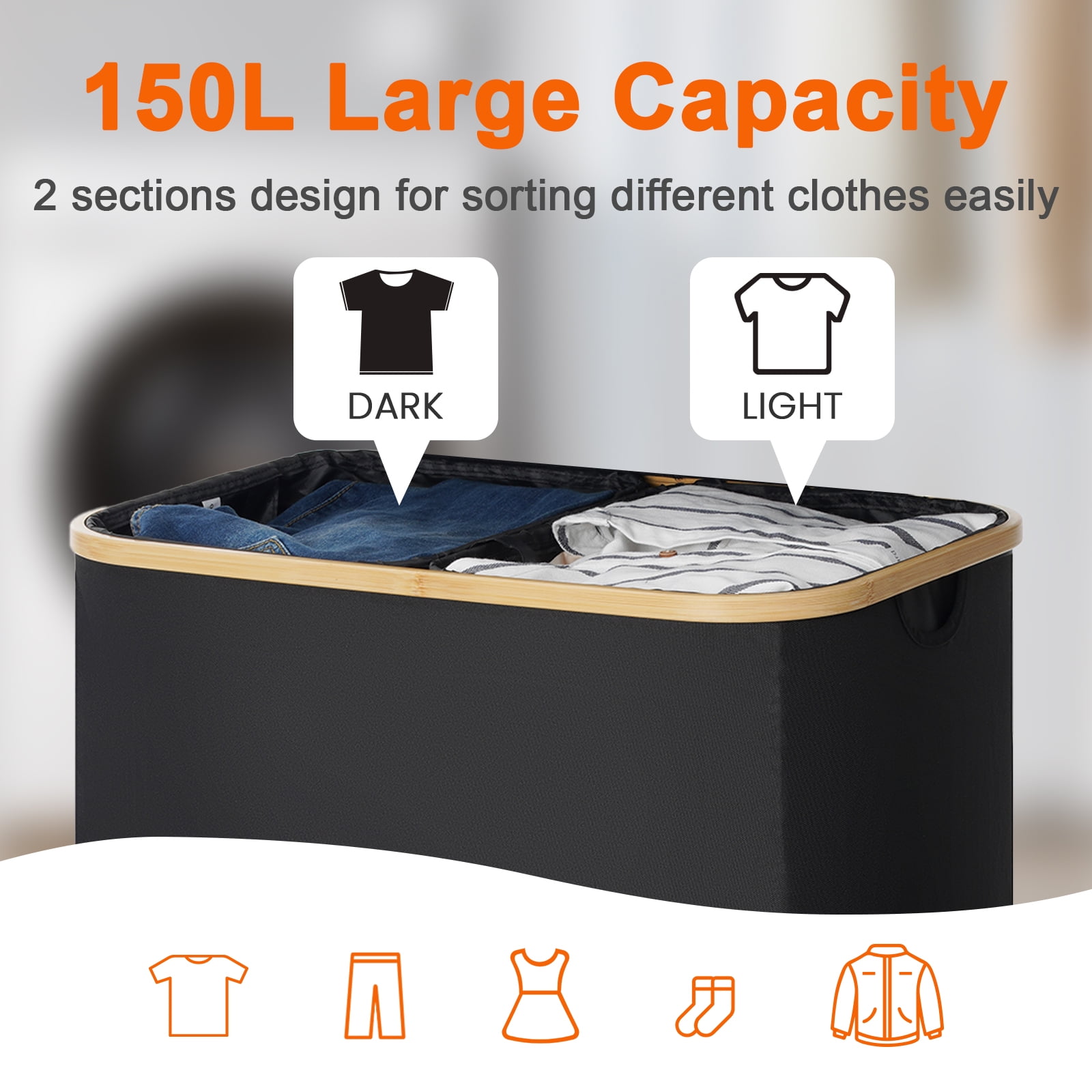 Generic 150L Large Laundry Hamper with Lid and Bamboo Handles, Laundry Basket Clothes Hamper with 2 Removable Bags for Bedroom, Dorm Room and Bathroom Scenarios, Black