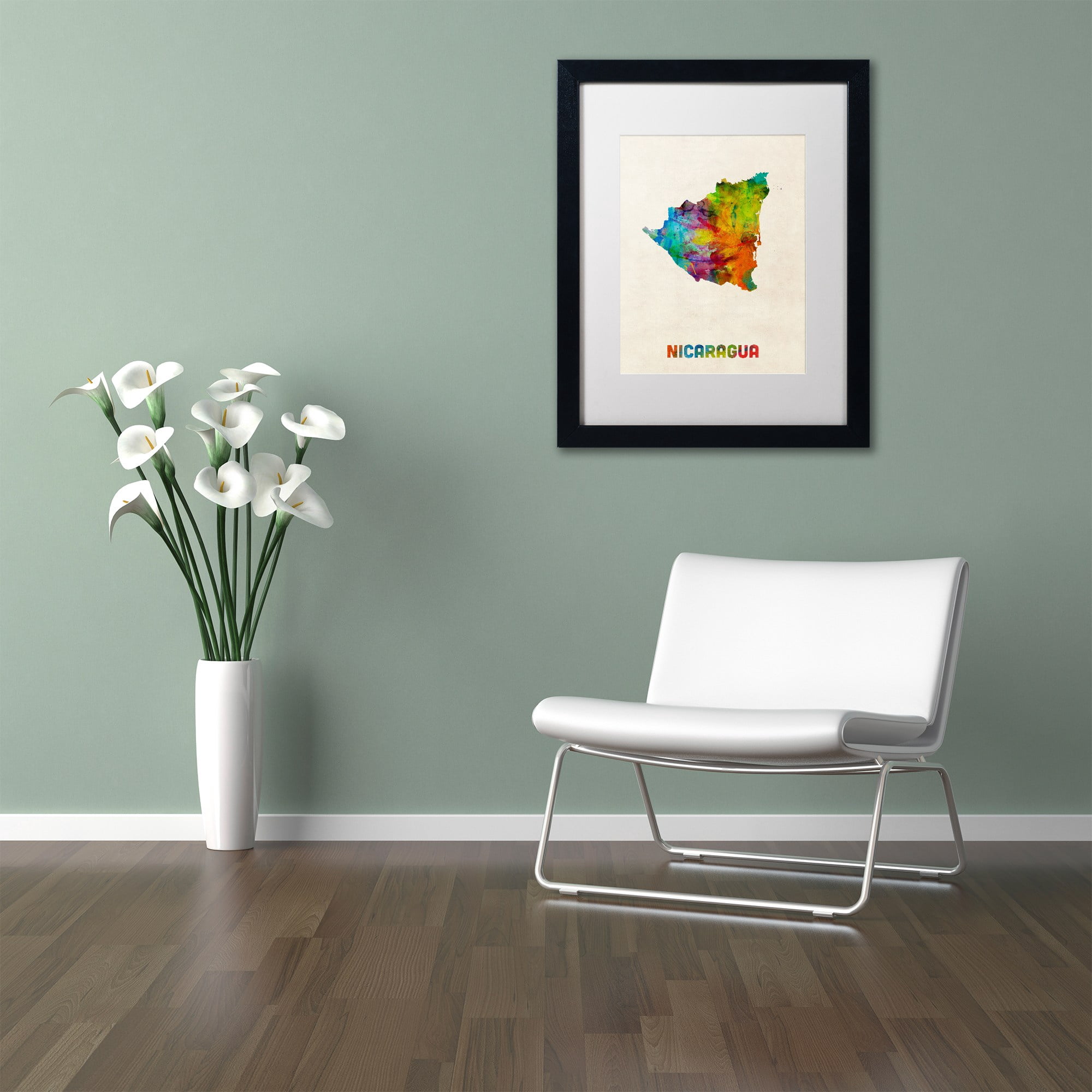 Trademark Fine Art ''Nicaragua Watercolor Map'' by Michael Tompsett 16" x 20" White Matted Black Frame (MT0749-B1620MF)