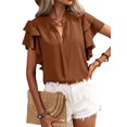 thumbnail image 1 of Daeful Ladies Blouse Double Layer Ruffles Short Sleeve Shirts Office V Neck Elegant Tops Brown XL, 1 of 4