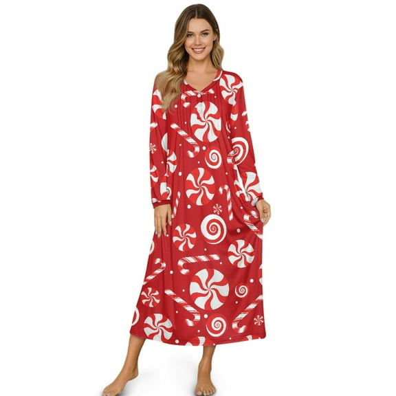 SEANATIVE Women's Christmas Night Gown Long Sleeve Sleep Shirt Button Front Pajama Dress Soft Full Length Nightshirt Sleepwear for Bedroom Home, S, Candy Cane Pattern Red