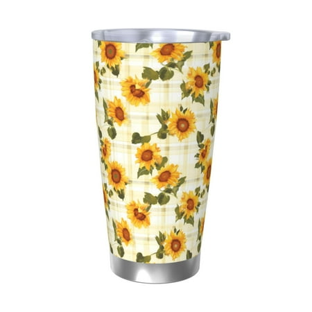 

Zeuib Light Green Plaid Sunflower Printed 20oz Stainless Steel Insulated Car Cup Stainless Steel Thermal Cup Vacuum Insulated Leak-proof Travel Mug Cup-Without Straw