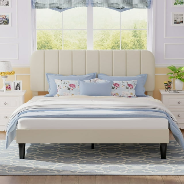 VECELO Full Size Bed Frame with Upholstered Adjustable Headboard, Wooden Slats Support/No Box Spring Needed, Beige