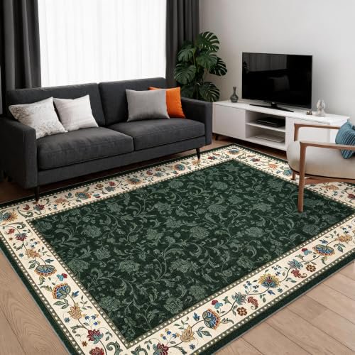 Modern Border 8x10 Washable Vintage Floral Carpet Green