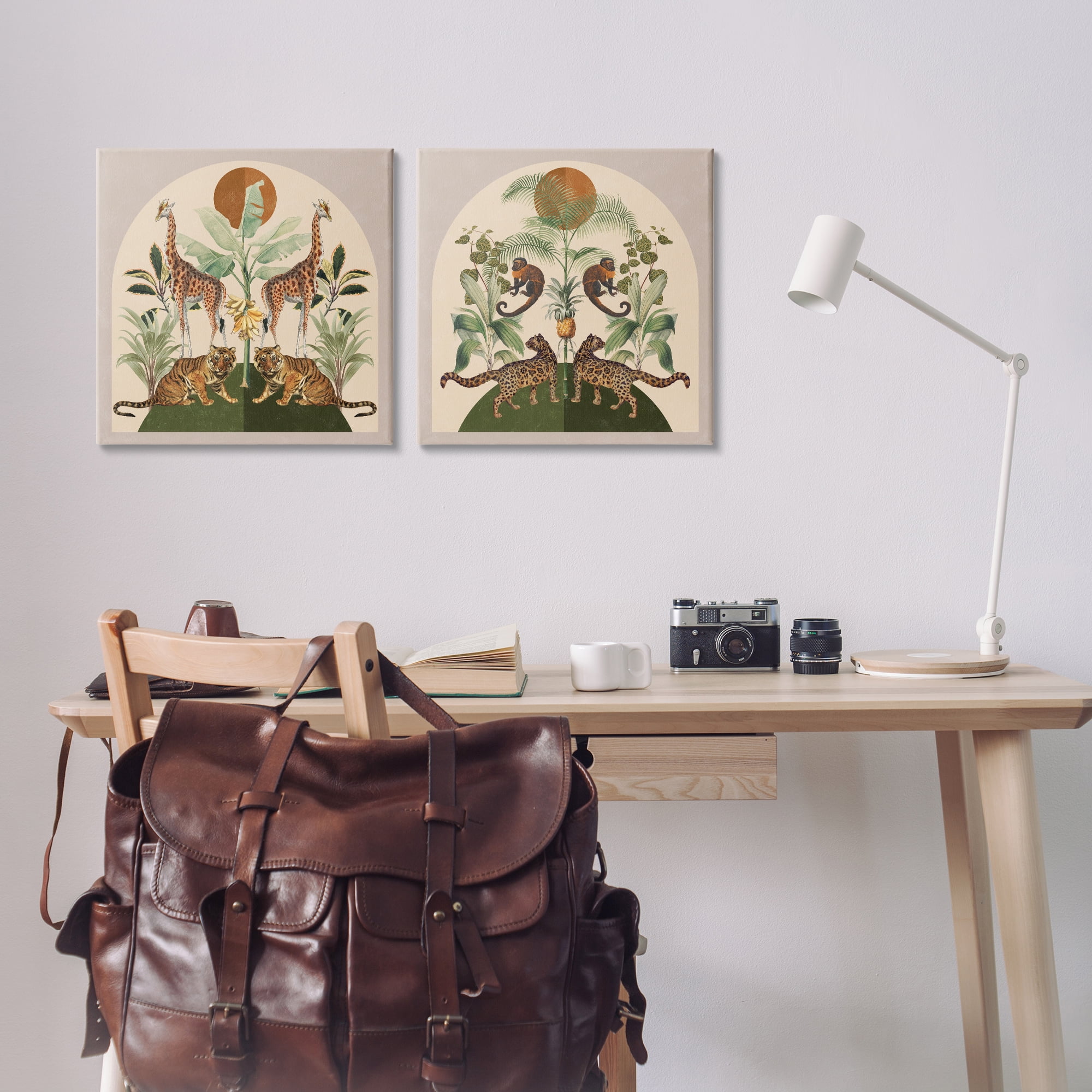 Stupell Industries Jungle Animals Foliage Illustration Animals Painting Wrapped Canvas Art Print Wall Art, 17 x 17, Set of 2