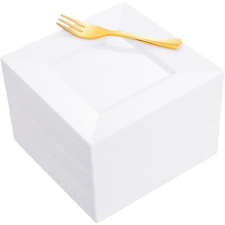 

Supernal 200Pcs White Dessert Plates 6 with Gold Plastic Forks 5.7 White Plastic Square Plates for 100 Guests Fancy Gold Plates Including 100 6 Plastic Plates and 100 5.7 Plastic Forks