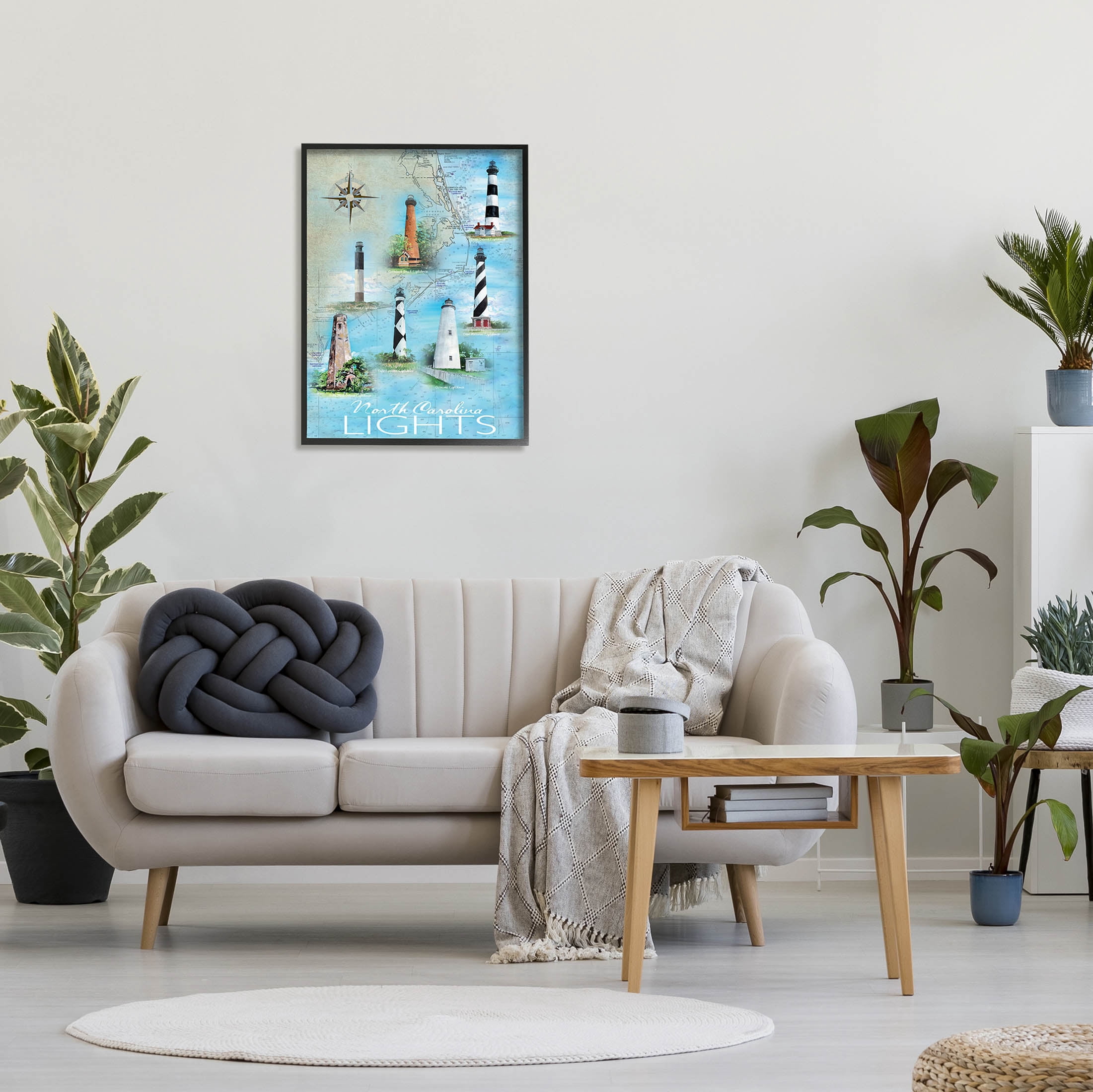 Stupell Industries North Carolina Lighthouses Map Graphic Art Black Framed Art Print Wall Art, Design by Erica Christopher