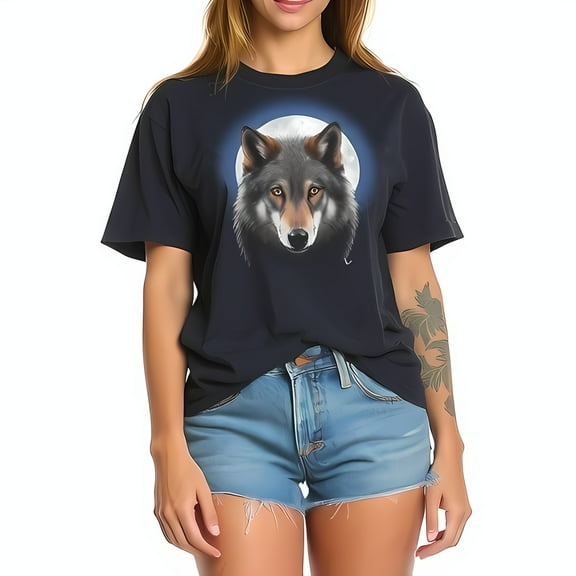 Oversized Navy Blue T-Shirt with Realistic Grey Wolf Head and Bluish Full Moon Design