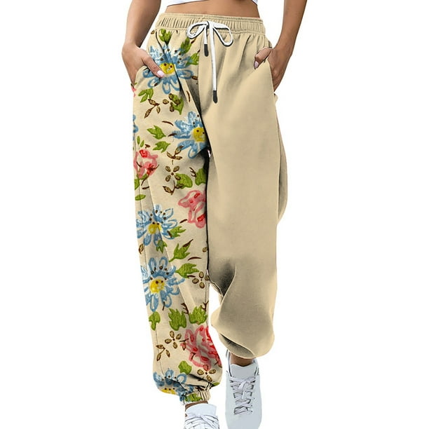 CEHVOM Women's Casual Printing Pocket Elastic Waist Trousers Long