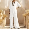thumbnail image 2 of RongHuan Linen Set for Women 2 Piece Short Sleeve Tops Wide Leg Pants Loungewear Sets Summer Loose Travel Outfits, 2 of 9