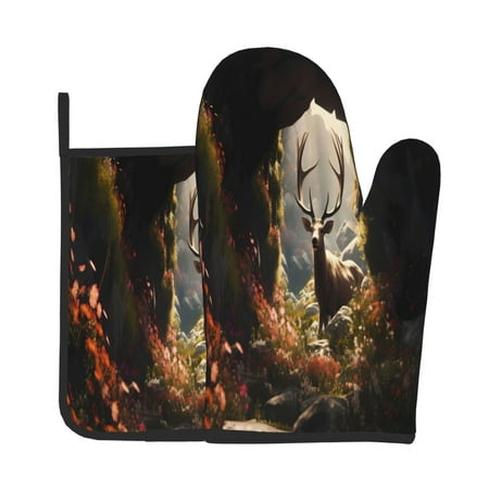 

Gaeub Enchanted Deer In Cave Print Oven Mitts and Pot Holders Sets of 2 Heat Resistant Pad Cooking Gloves for Baking BBQ Home Decor