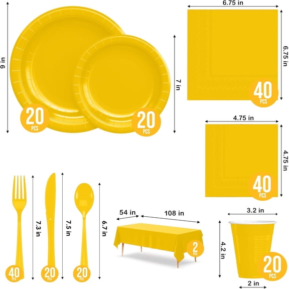 RFGBRG-222 Pcs Yellow Paper Plates and Napkins Sets, Disposable Plates For Party, Lunch & Cocktail Napkins Paper, 18oz Plastic Cups, Cutlery and Yellow Table cloth Plastic Dinnerware Set